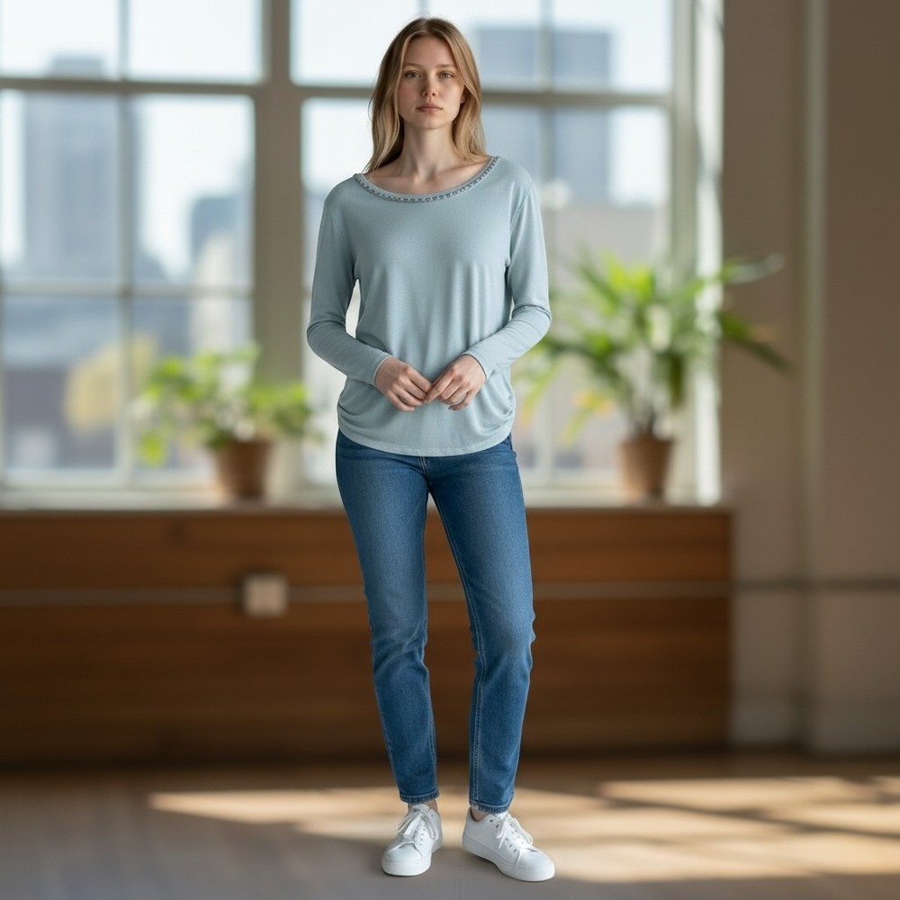 Talbots light blue long-sleeve knit top beads neckline scoop neck M office siren